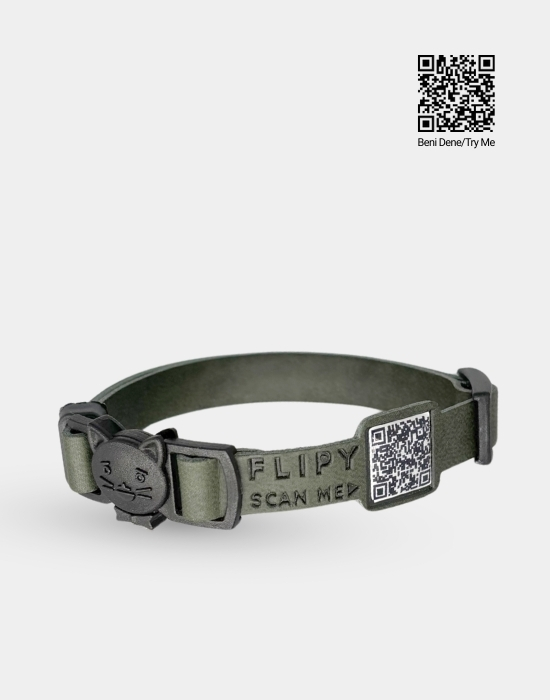 QR Kodlu Kedi Tasması (Safety Click) Haki Yeşil